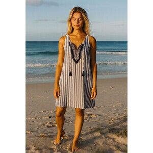 Antibes Blanc 100% Linen Dress Size XS Blue White Stripe Tassel Embroidered